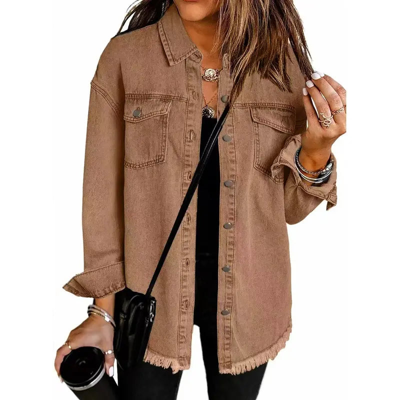 New Washed Denim Shirt Jacket for Autumn and Winter, Unique Street Style with Frayed Hem
