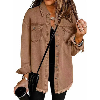 New Washed Denim Shirt Jacket for Autumn and Winter, Unique Street Style with Frayed Hem